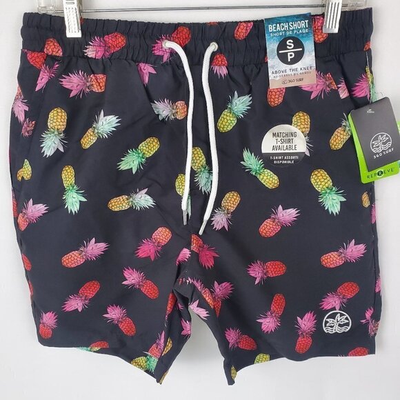 NWT 360 Surf Men's Beach Shorts Black w/ Pineapples Recycled Poly - Picture 1 of 9